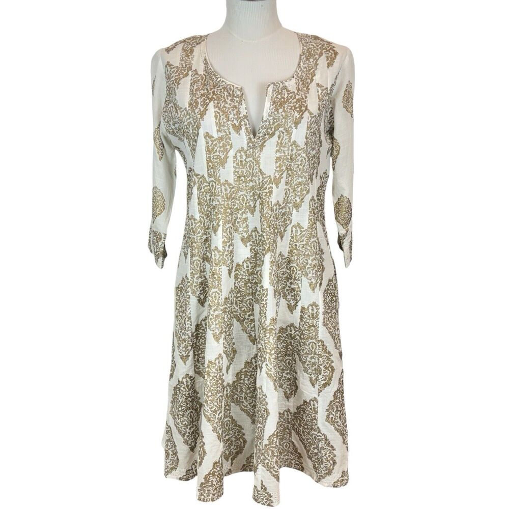 RARE‎ ! Lola Australia A-line Inverted Pleat Patchwork Dress Ivory Gold Pockets